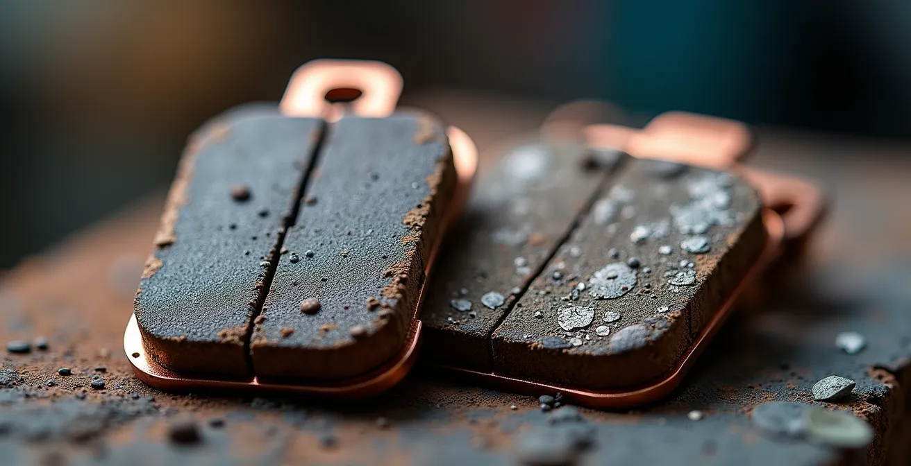 Makroaufnahme von Bremsbelägen im Qualitätsvergleich, die den Unterschied zwischen einem hochwertigen und einem billigen Belag zeigt.