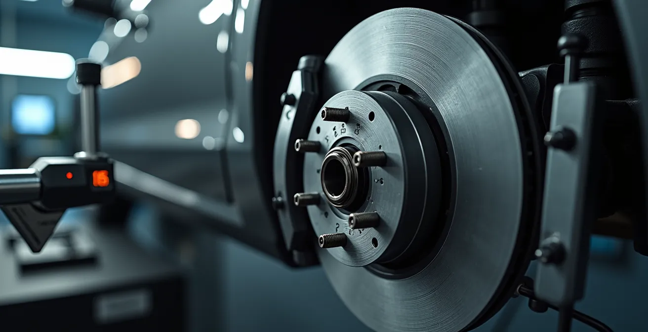 Bremsenprüfstand mit Fahrzeug während der Messung in deutscher Werkstatt
