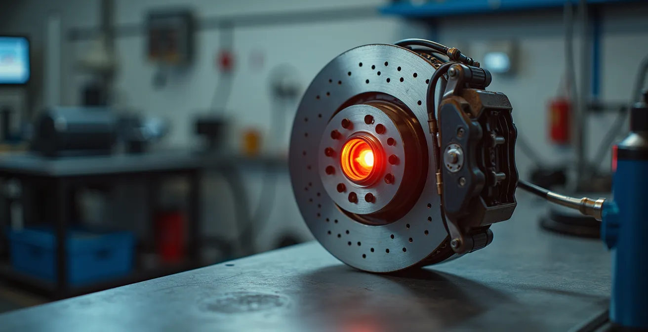 Querschnitt eines Bremssystems mit sichtbarer Wärmeverteilung und Bremsflüssigkeitskreislauf