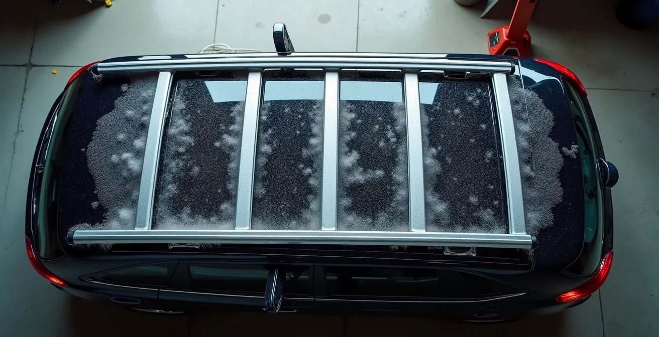 Nahaufnahme eines Dachträgers mit Salzablagerungen und Reinigungsprozess