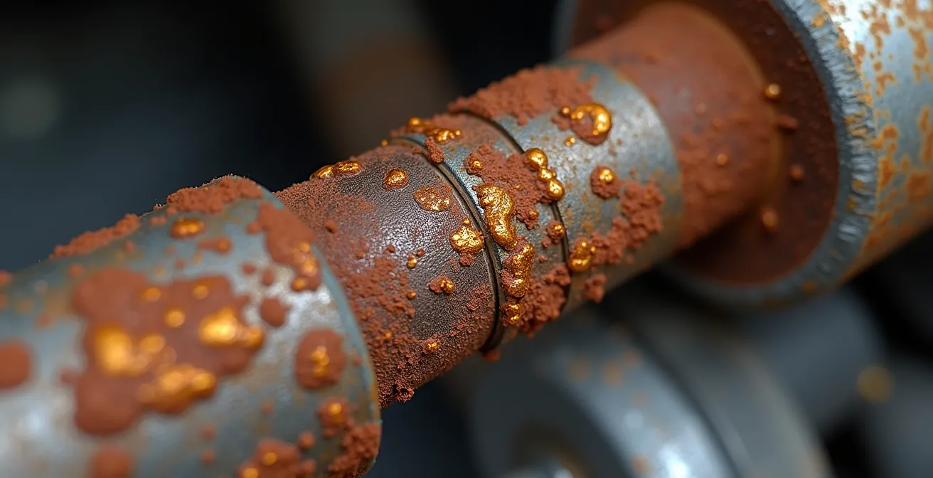 Makroaufnahme von Korrosionsstadien an kritischen Fahrzeugteilen wie einer Bremsleitungshalterung.