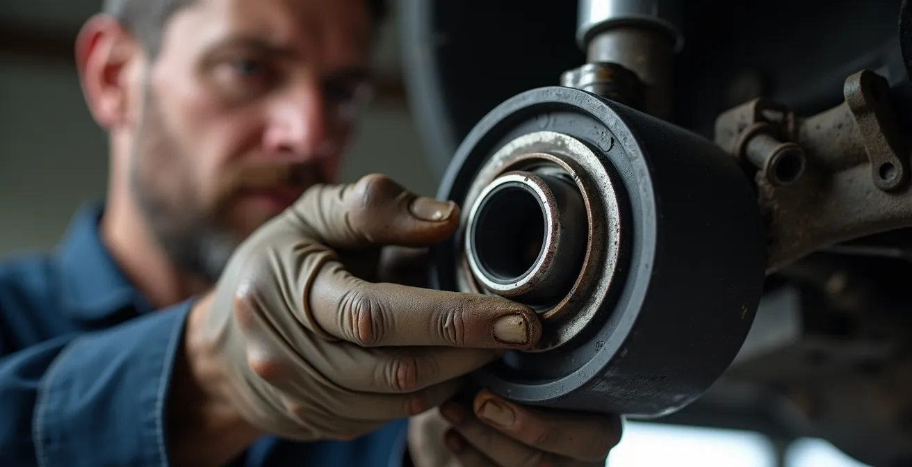 Nahaufnahme eines verschlissenen Domlagers mit sichtbaren Rissen in den Händen eines Mechanikers.