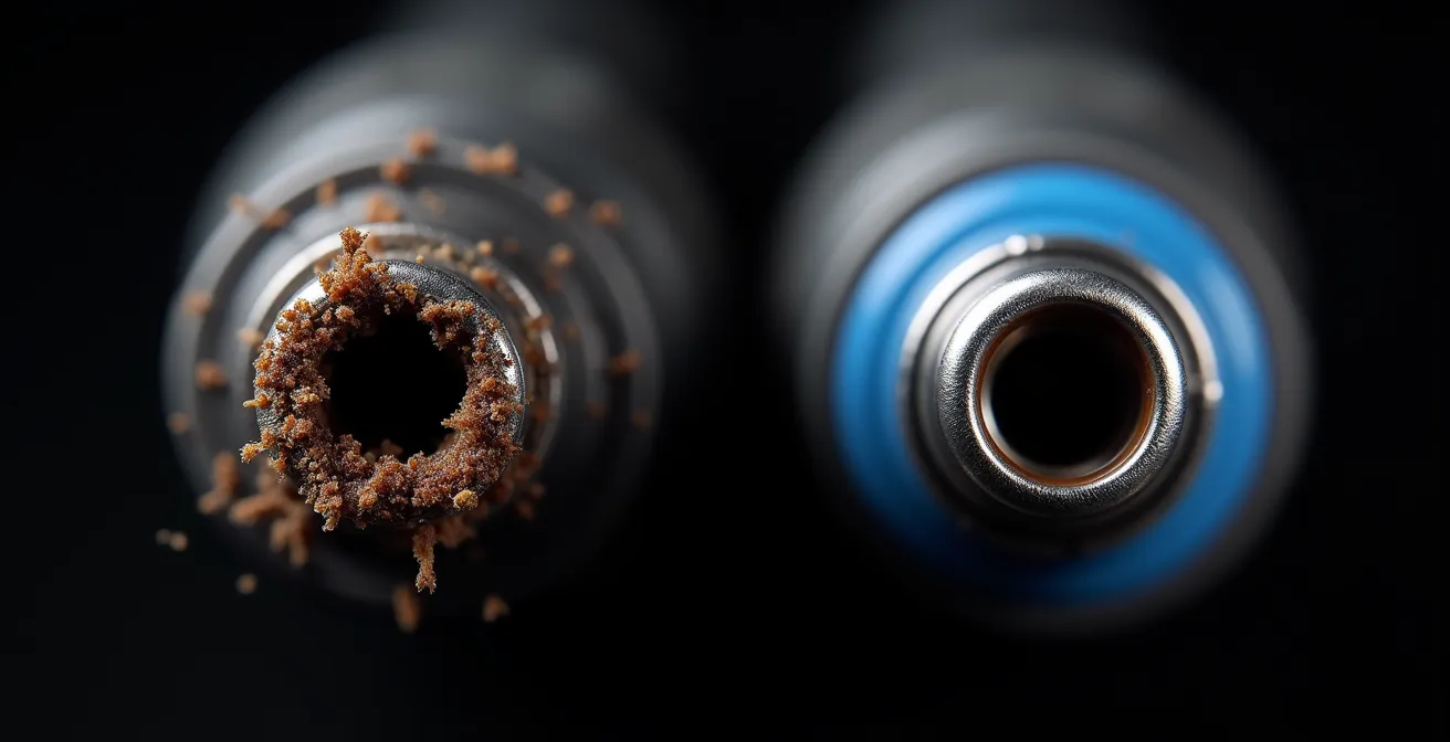 Makroaufnahme einer verkokten und einer gereinigten Einspritzdüse im direkten Vergleich