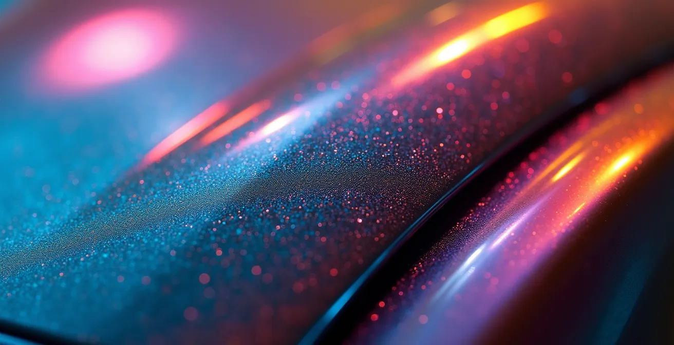 Makroaufnahme einer mehrschichtigen Candy-Lackierung mit tiefem Farbverlauf