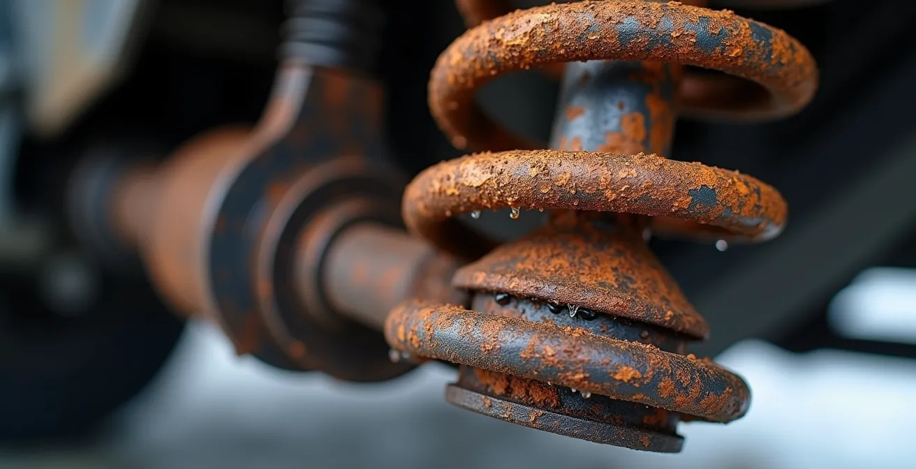 Detailaufnahme einer korrodierten Fahrwerksfeder nach Wintereinfluss