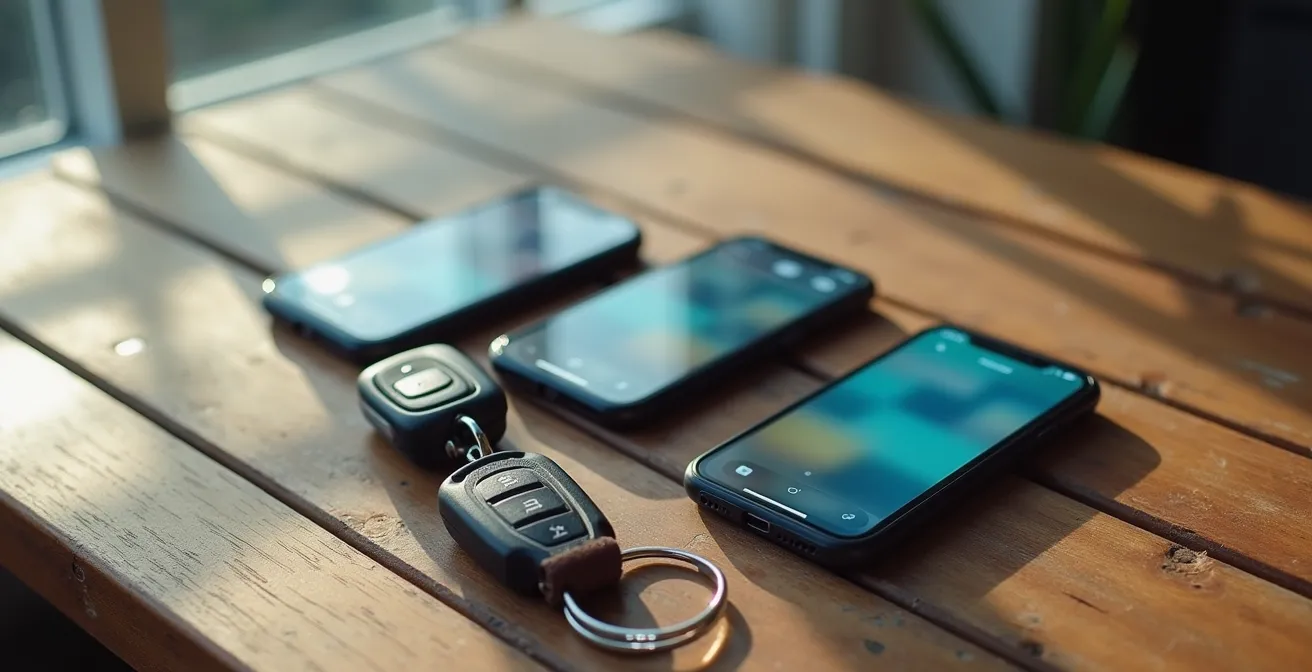 Drei Smartphones auf einem Holztisch neben einem Autoschlüssel, die verschiedene Fahrzeugbewertungsportale symbolisieren