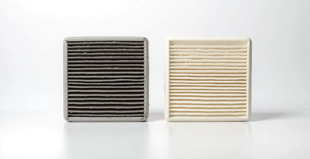 Gegenüberstellung eines stark verschmutzten Filters nach 6 Monaten Stadtverkehr und eines leicht verschmutzten Filters nach 12 Monaten Landnutzung.