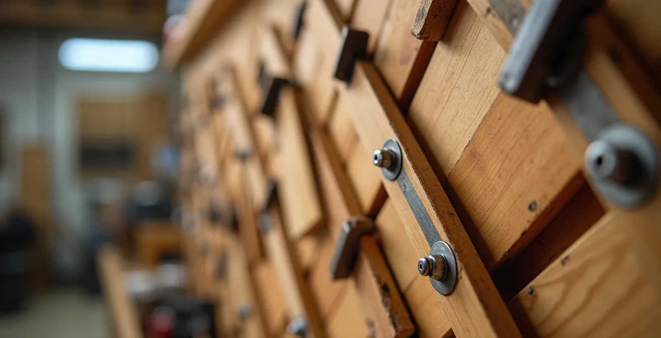 French Cleat Wandsystem mit systematisch angeordneten Werkzeugen auf 2 m² Fläche