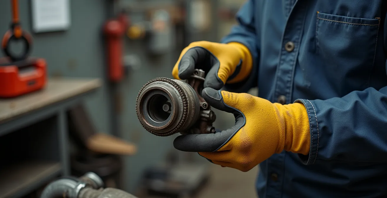 Hände eines Mechanikers in Arbeitshandschuhen prüfen sorgfältig ein gebrauchtes Autoteil in einer Werkstatt.