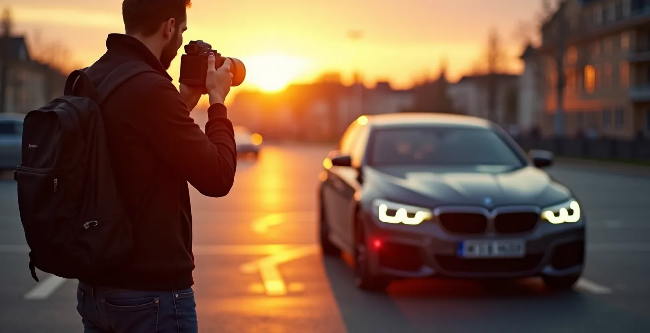 Ein Fotograf macht bei Sonnenuntergang neue, professionelle Aufnahmen eines Autos.