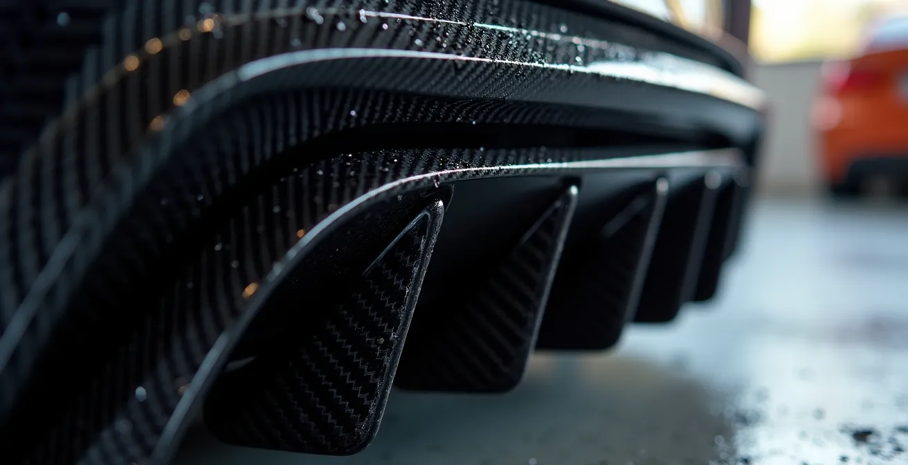 Detailaufnahme eines Fahrzeug-Heckdiffusors mit sichtbarer Luftströmung