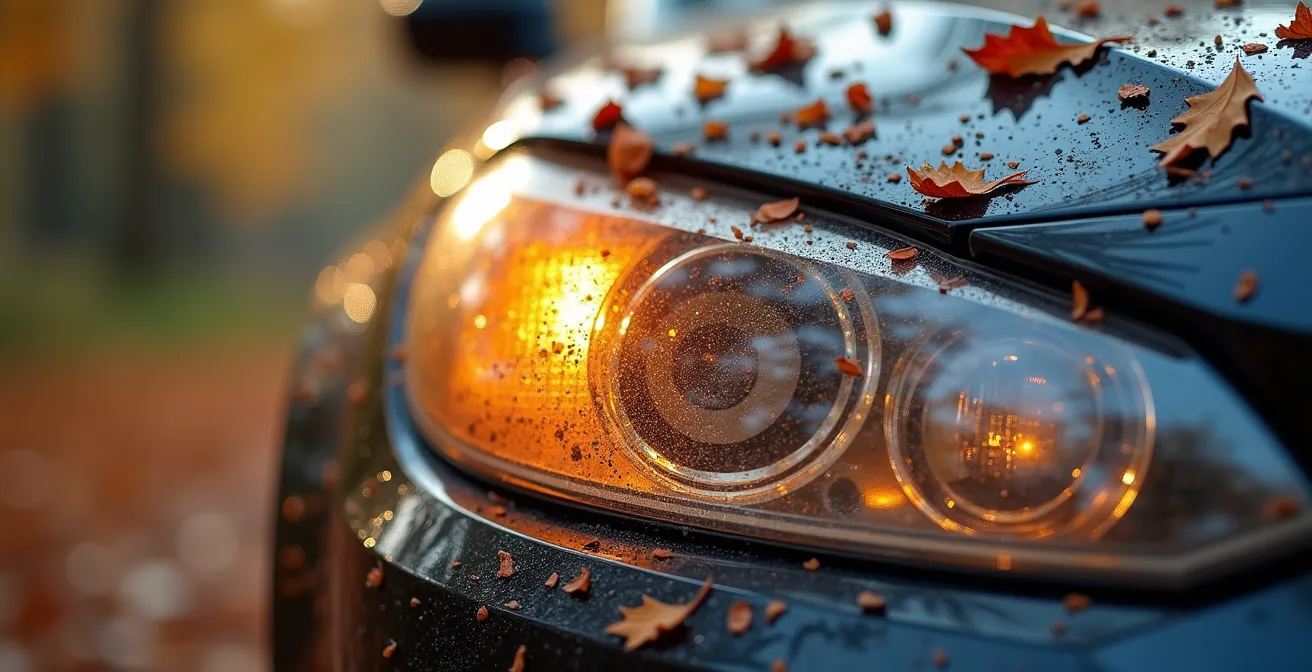 Makroaufnahme von nassem Laub und Schmutz auf einem Scheinwerferglas, das die Streuung des Lichts verdeutlicht.