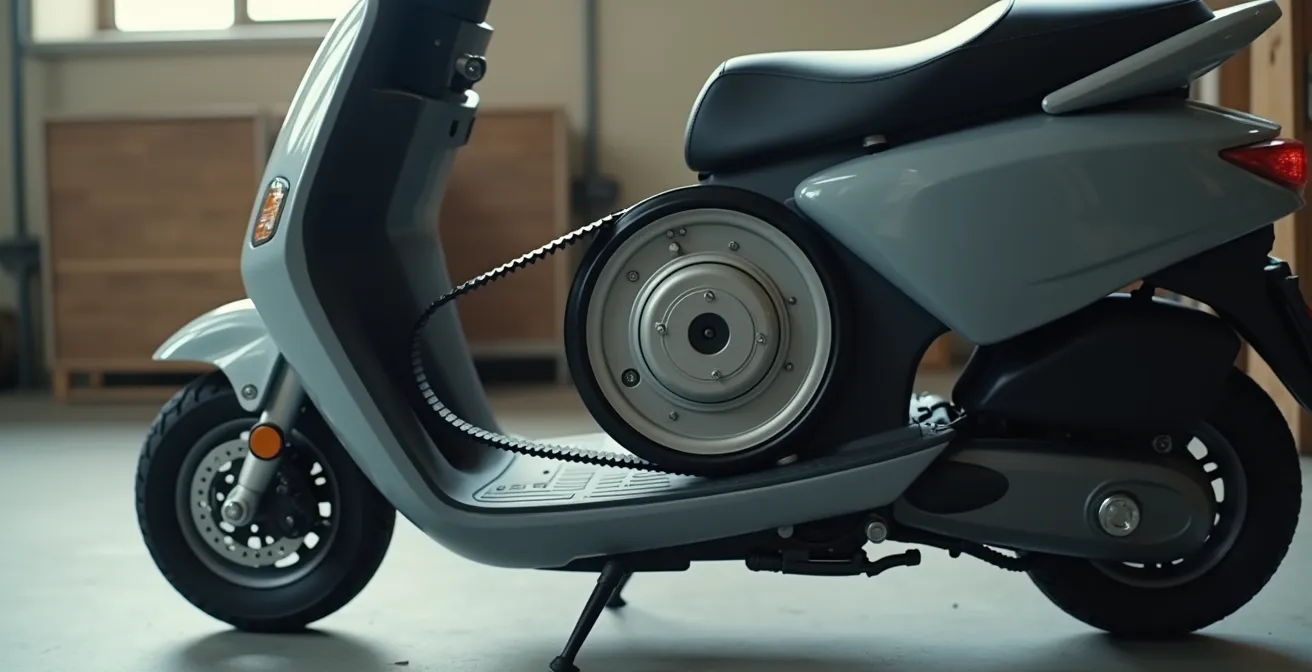 Seitliche Ansicht eines Rollerantriebs mit deutlich sichtbarem Keilriemen, der über die Variomatik-Scheiben läuft.