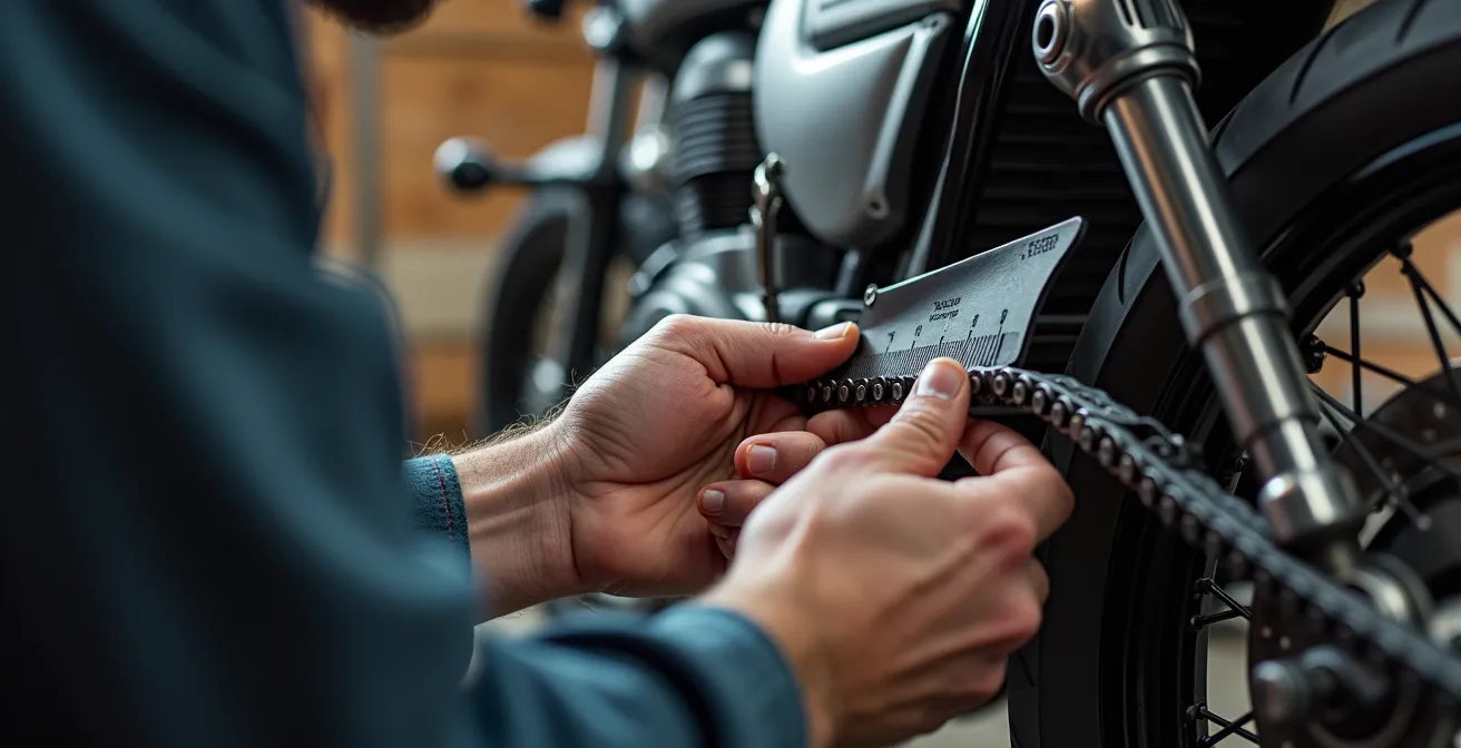 Mechaniker prüft Kettenspannung am Motorrad mit Messwerkzeug
