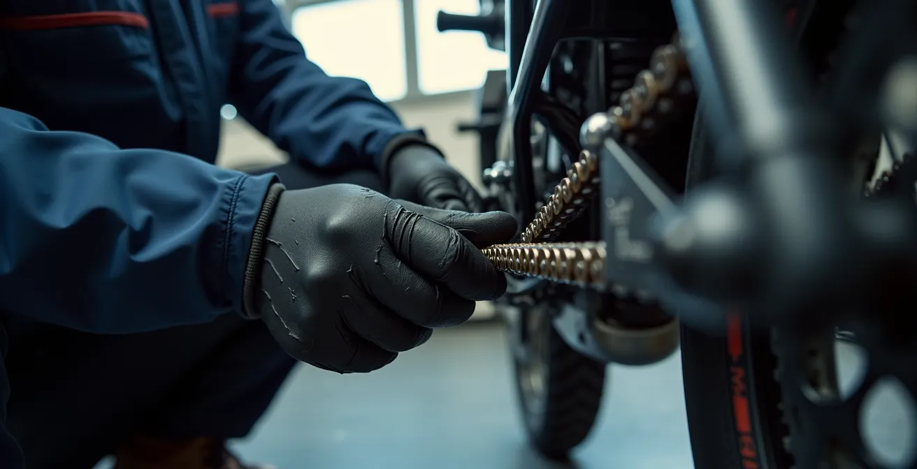 Präzise Messung der Motorradkettenspannung mit einem Messwerkzeug durch die Hände eines Mechanikers.