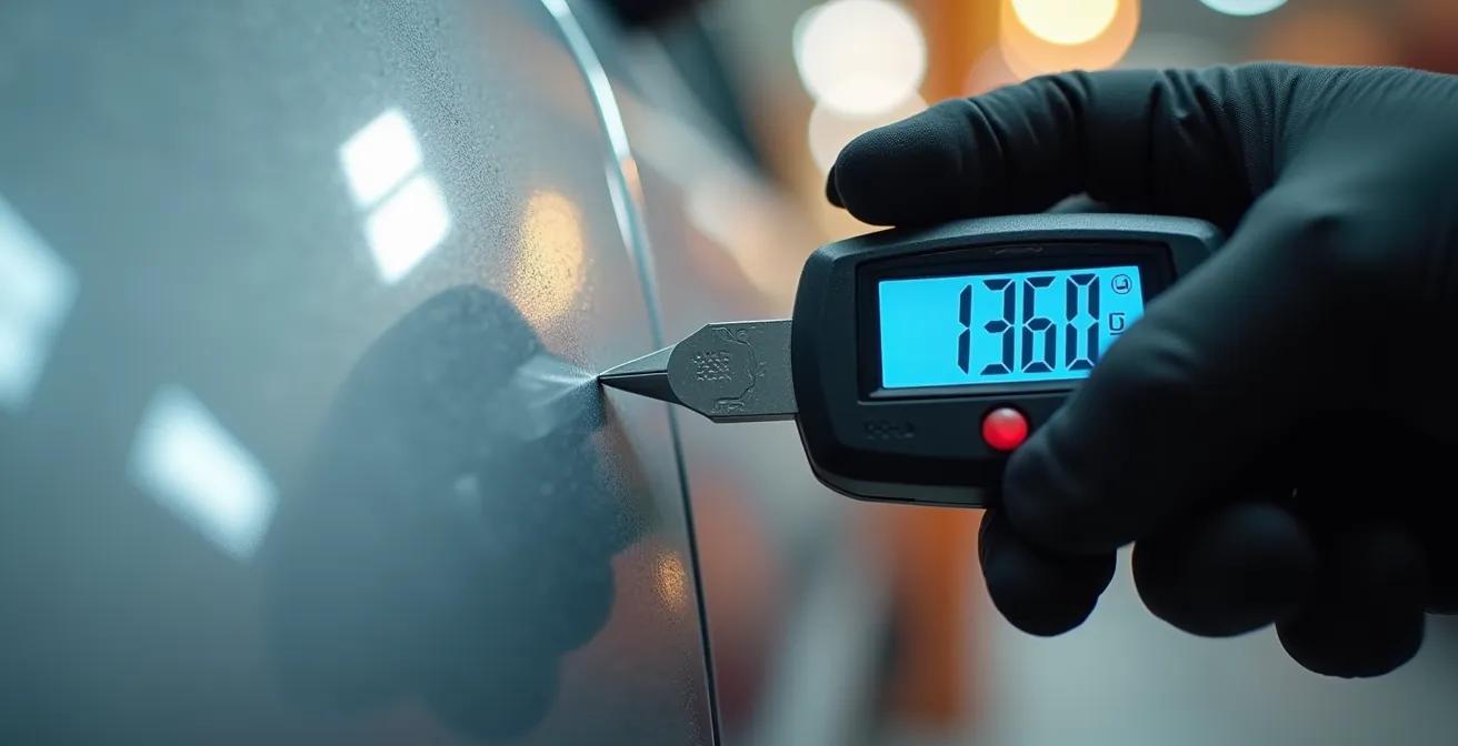 Sachverständiger misst Lackschichtdicke an einem Auto mit Spezialgerät