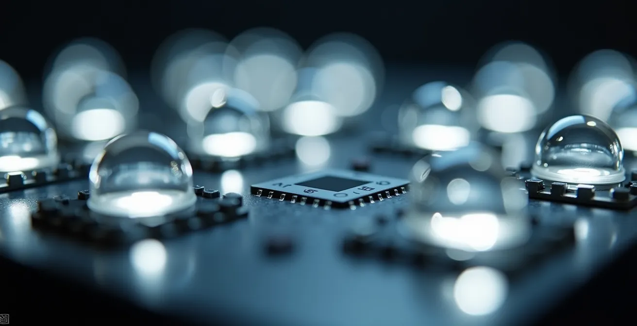 Makroaufnahme moderner LED-Scheinwerfertechnologie, die die präzisen Lichtelemente zeigt.