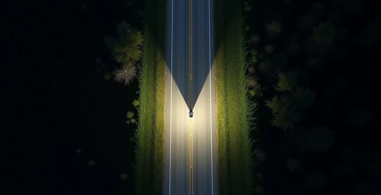 Visualisierung der schlecht ausgeleuchteten seitlichen Bereiche einer Landstraße, wo Wildtiere oft ungesehen bleiben.