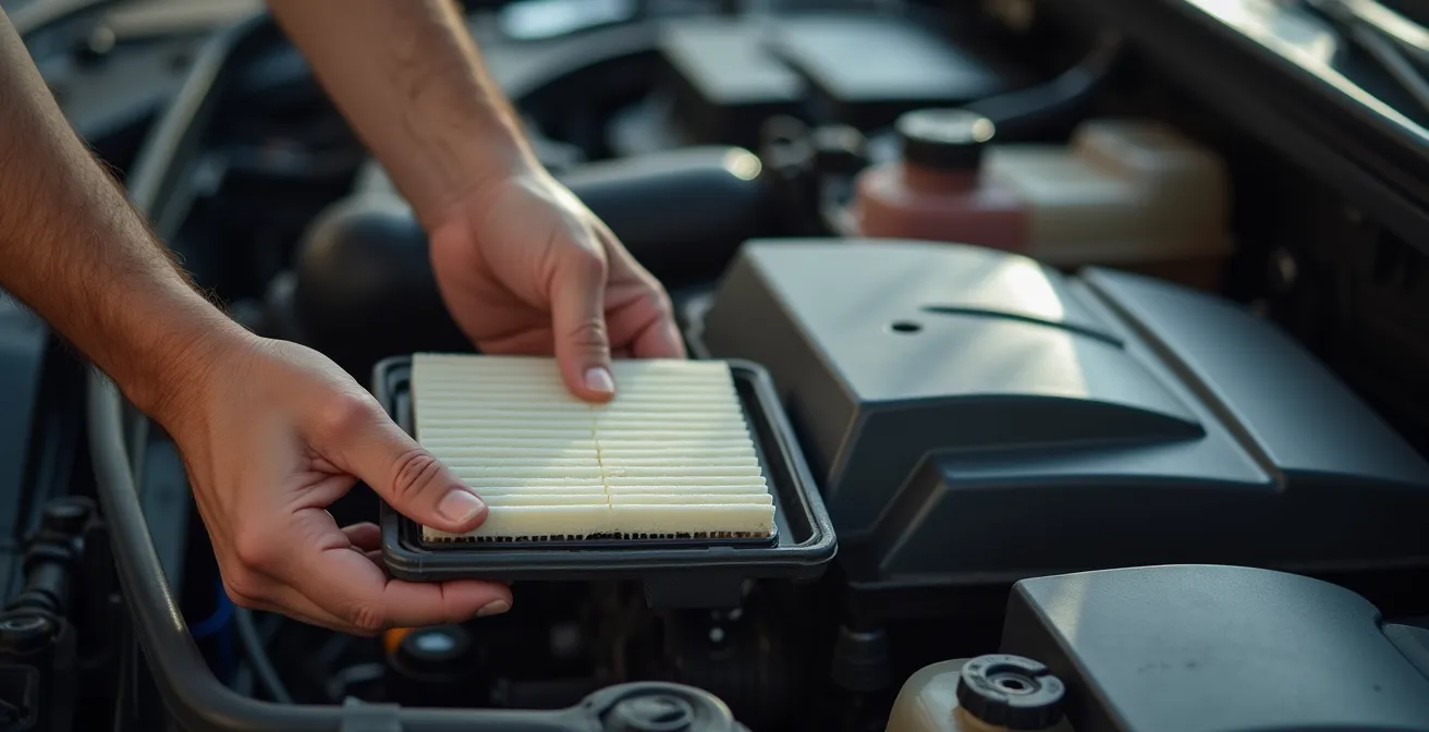 Hände beim Austausch eines Luftfilters im Motorraum ohne Werkzeug