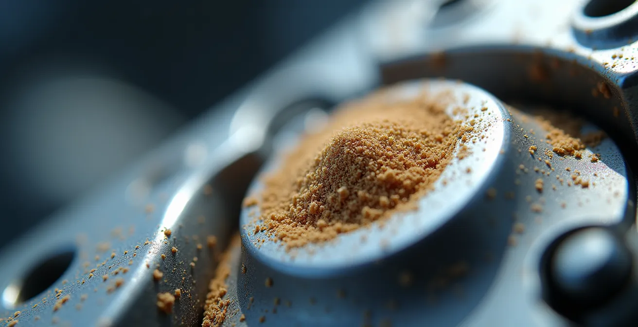 Makroaufnahme von Sandpartikeln auf Motorkomponenten, die den Verschleiß symbolisieren