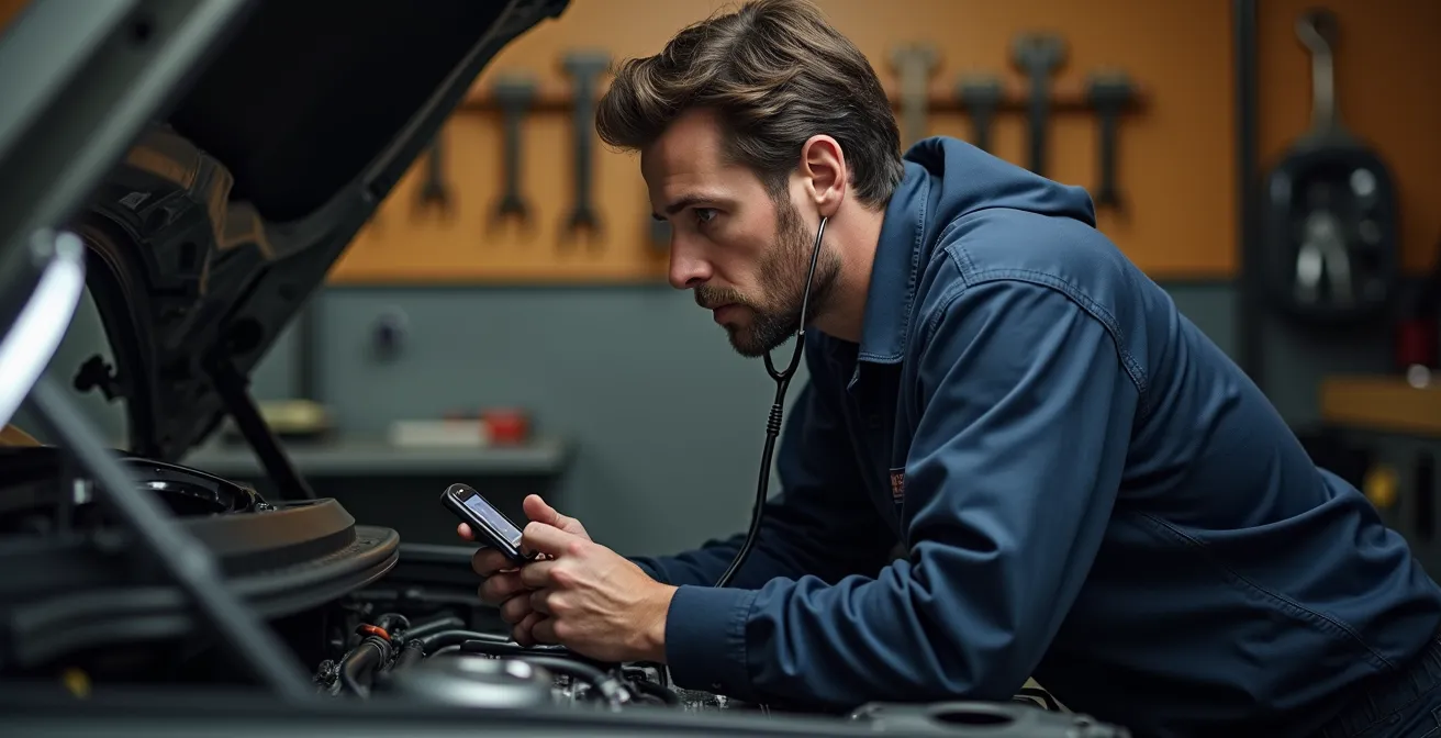 Mechaniker untersucht Motorraum mit Diagnosegerät