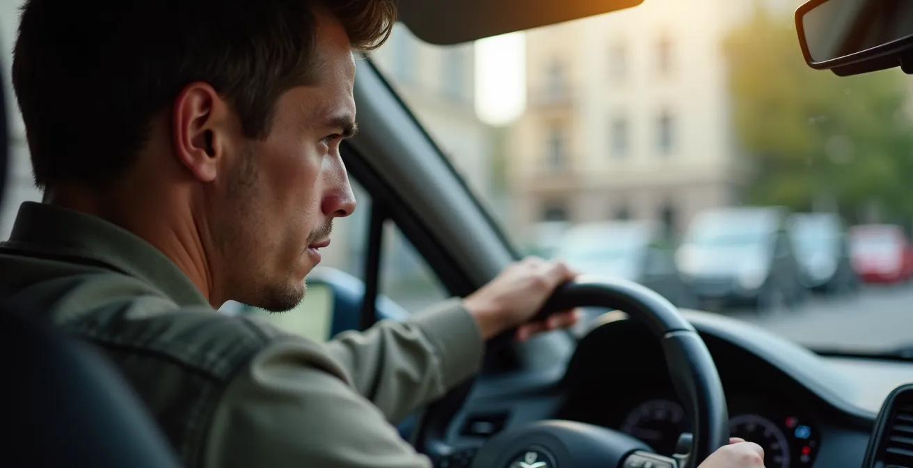 Gestresster Autofahrer beim Einparken in einer engen Straße in München, die Anspannung ist im Gesicht sichtbar.