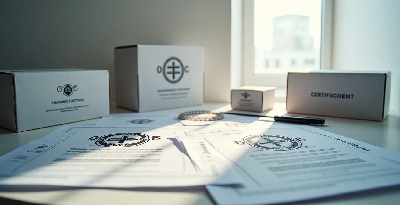 Arbeitsplatz mit Laptop, Ersatzteilen und Prüfzertifikaten