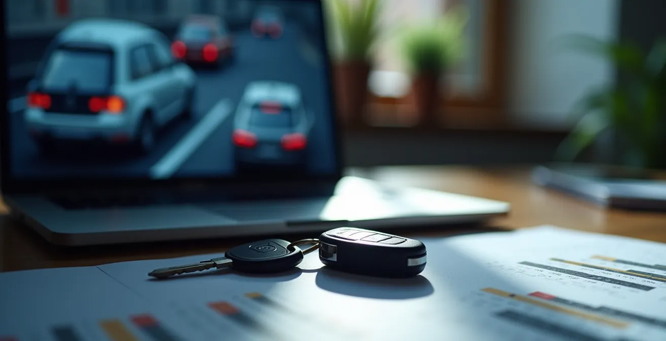 Ein Laptop auf einem Schreibtisch zeigt eine verschwommene Fahrzeugbewertung, daneben liegen Autoschlüssel.