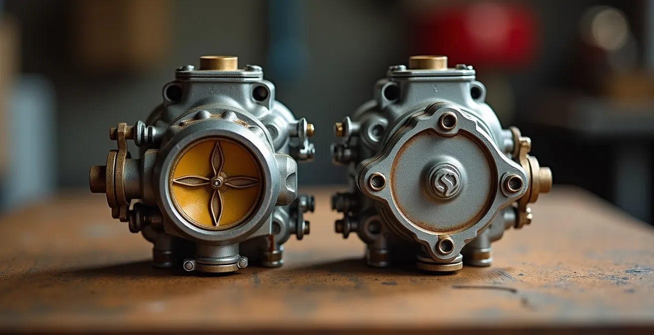 Detailaufnahme von restaurierten Originalteilen neben Nachfertigungen für Yamaha Oldtimer