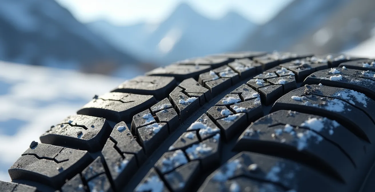 Nahaufnahme eines gealterten Winterreifens zeigt Verhärtung und Rissbildung