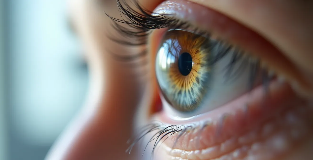 Nahaufnahme einer Augenuntersuchung bei einem älteren Patienten zur Überprüfung der Fahrtauglichkeit.