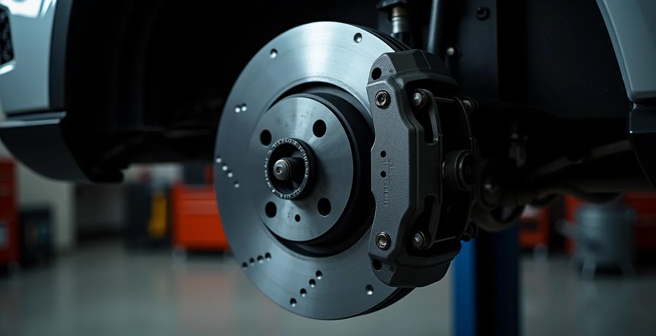 Detailaufnahme eines makellosen Bremssystems, das die Wichtigkeit von Sicherheitskomponenten symbolisiert