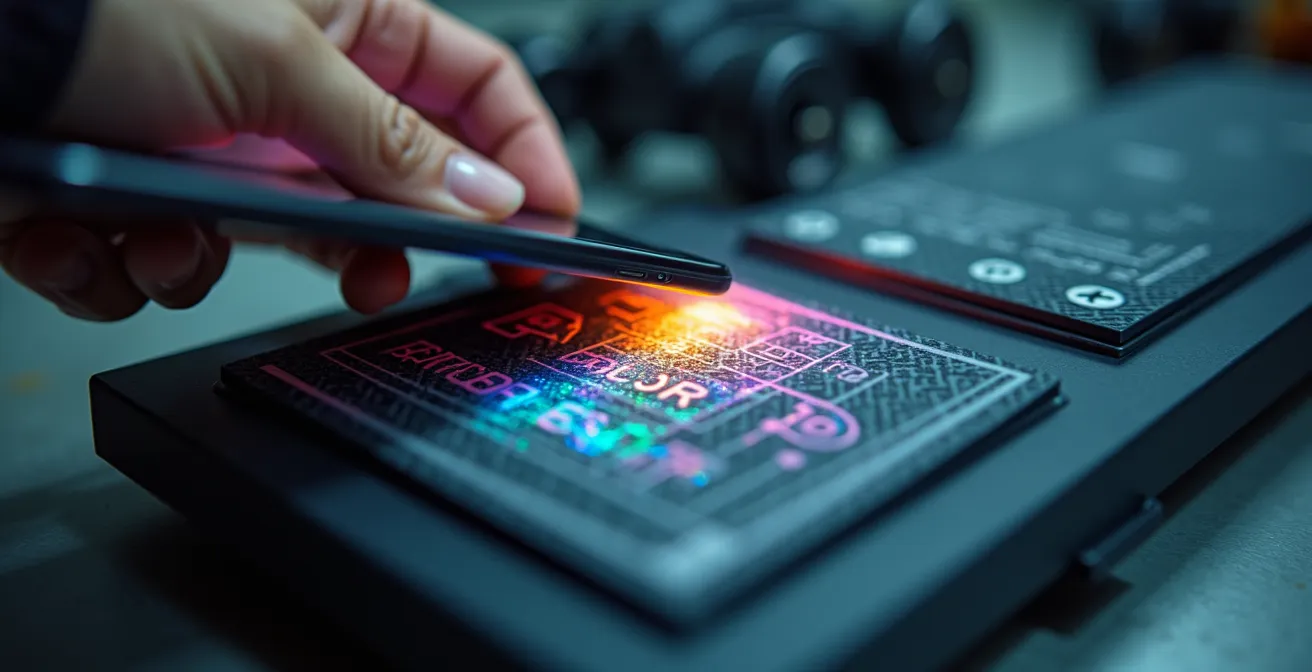 Hand mit Smartphone scannt Code auf Ersatzteilverpackung zur Echtheitsprüfung