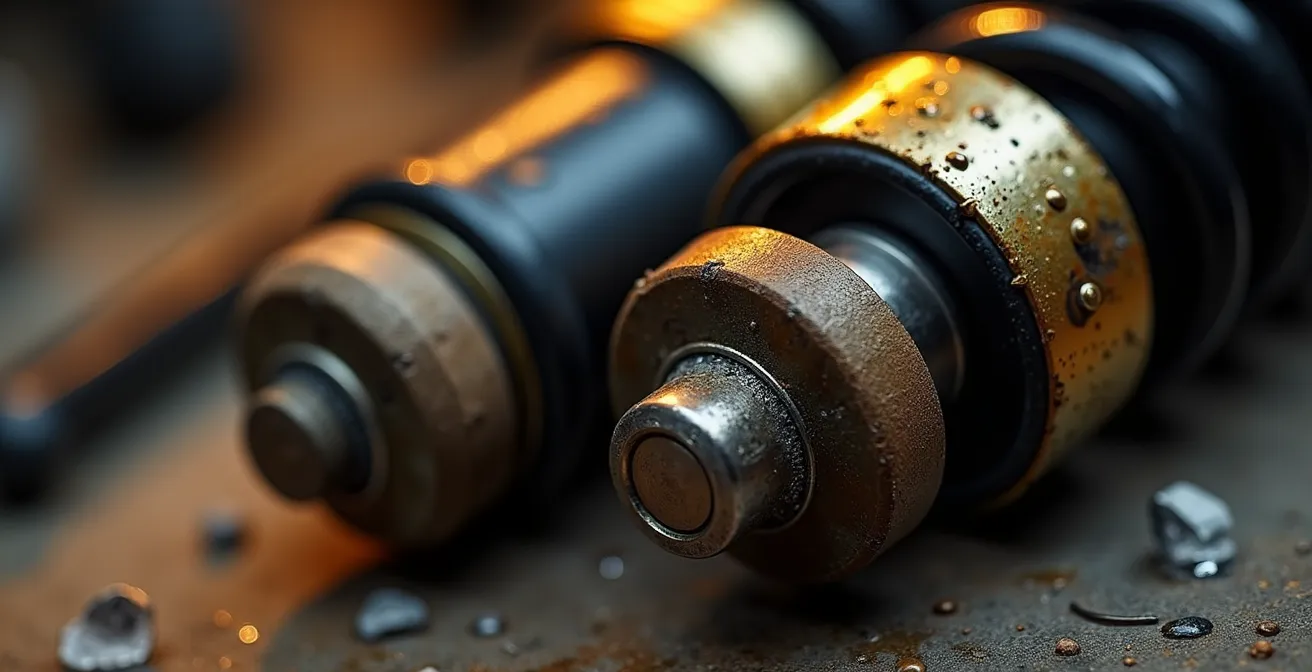 Nahaufnahme einer professionellen Stoßdämpferprüfung in deutscher Werkstatt