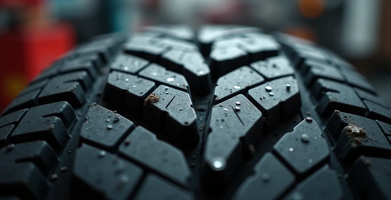 Mechaniker untersucht ungleichmäßige Reifenabnutzung als Zeichen defekter Dämpfer