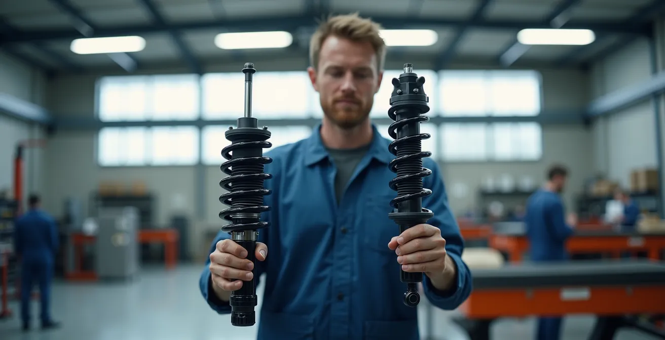 Mechaniker zeigt verschiedene Stoßdämpfer in einer deutschen Werkstatt