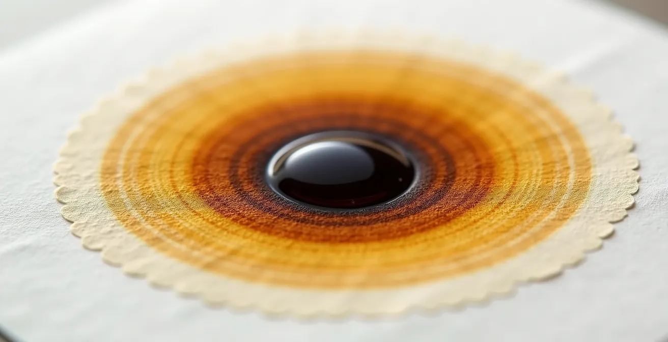 Makroaufnahme eines Löschblatts mit Öltropfen-Testringen in verschiedenen Farben, die den Zustand des Motoröls zeigen