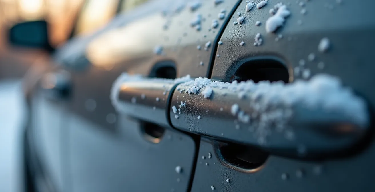 Detailaufnahme einer Autotürkante mit Fokus auf kritische Schmierstellen zur Rostprävention