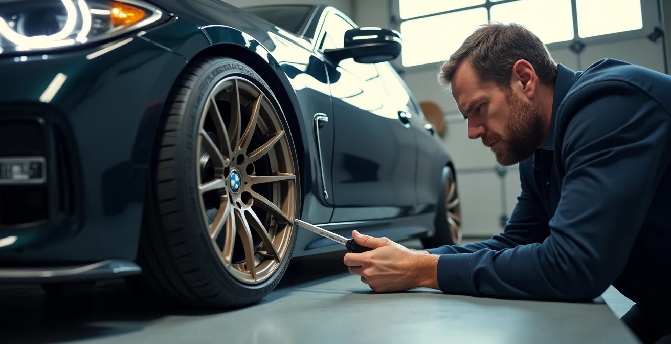 TÜV-Prüfer untersucht modifiziertes Fahrzeug auf Hebebühne