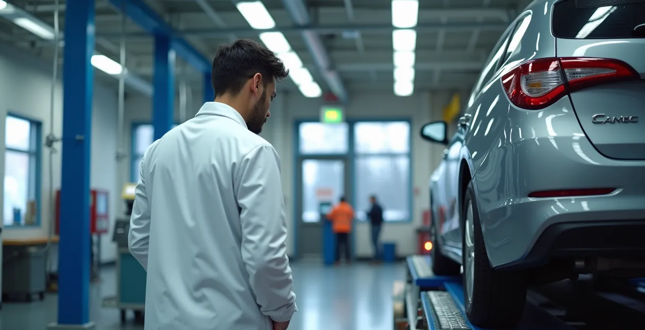 Ein Techniker an einem modernen TÜV-Prüfstand führt eine Abgasmessung zur Zertifizierung eines Eco-Tunings durch.