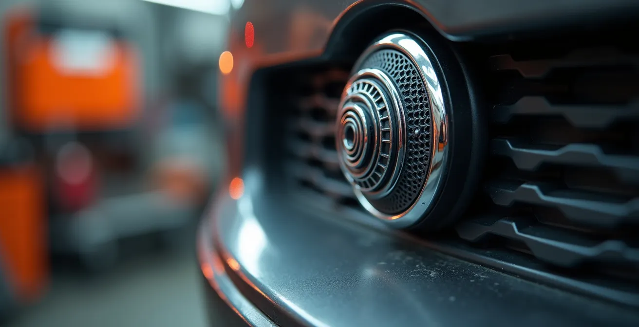 Nahaufnahme der professionellen Montage eines Ultraschallsensors in die Stoßstange eines Autos in einer deutschen Fachwerkstatt.