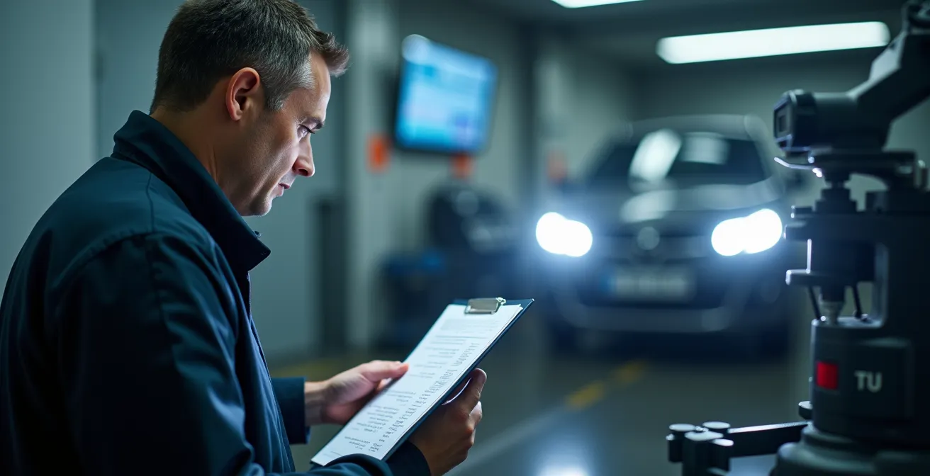 TÜV-Prüfung von Xenon-Scheinwerfern mit Dokumentenmappe