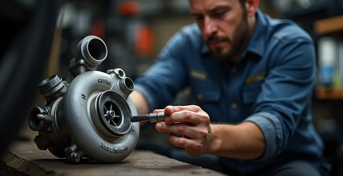 Mechaniker installiert neuen Turbolader in moderner Werkstatt