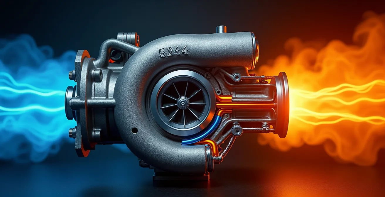 Querschnitt eines modernen Turboladers mit Ölleitungen und Kühlsystem