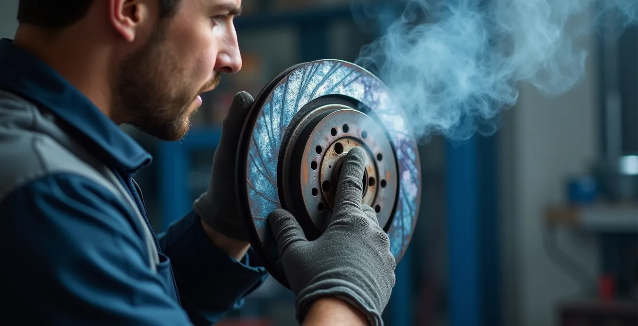 Bremsscheibe mit sichtbarer Hitzeentwicklung und Dampf