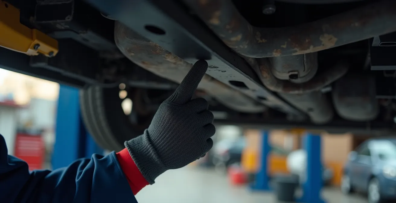 Nahaufnahme eines beschädigten Unterbodenschutzes, der Luftverwirbelungen erzeugt