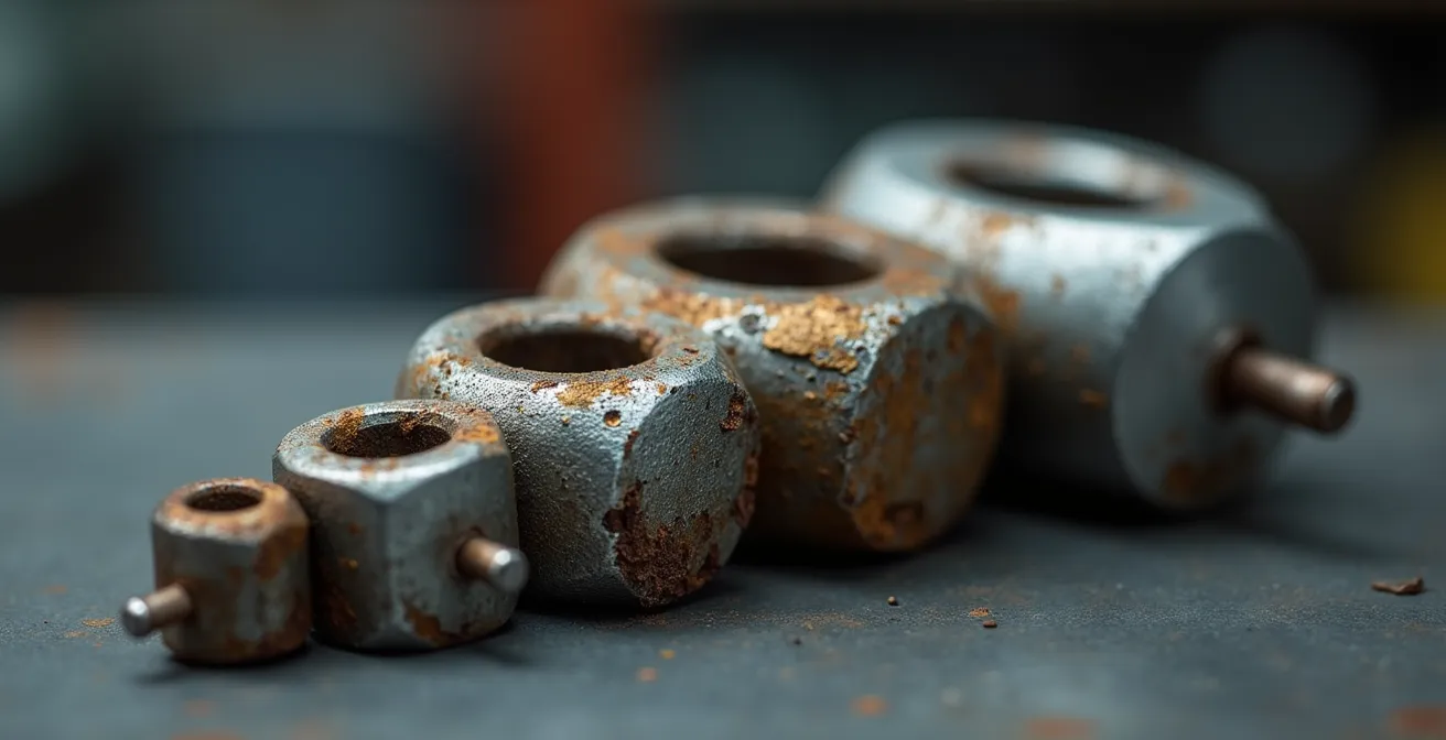 Nahaufnahme von Variomatikgewichten in verschiedenen Größen, einige neu und glänzend, andere abgenutzt und beschädigt.