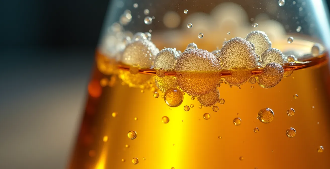 Makroaufnahme von Bremsflüssigkeit mit sichtbaren Dampfblasen