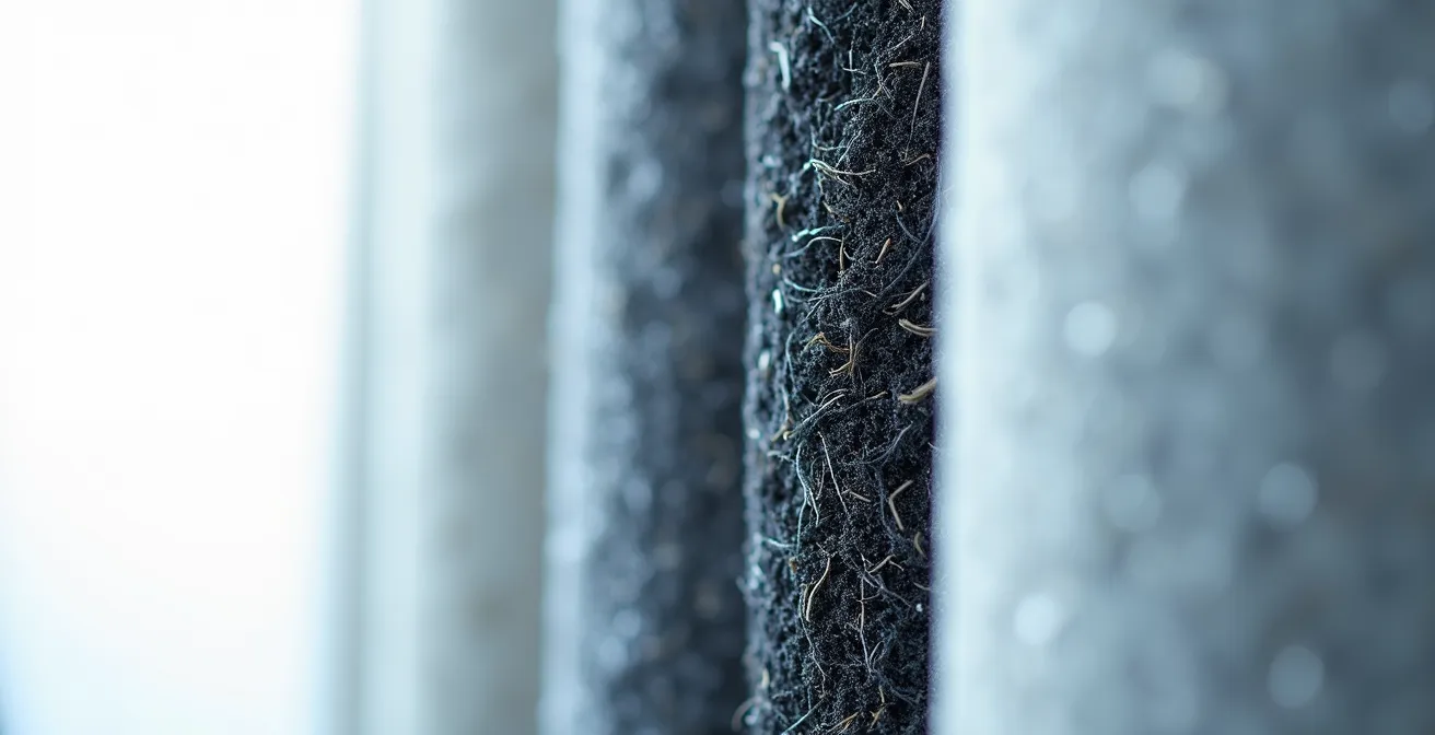 Mikroskopische Ansicht verschiedener Filtertypen mit Partikelgrößen, die den Unterschied zwischen Standard-, Aktivkohle- und HEPA-Filterung zeigen.