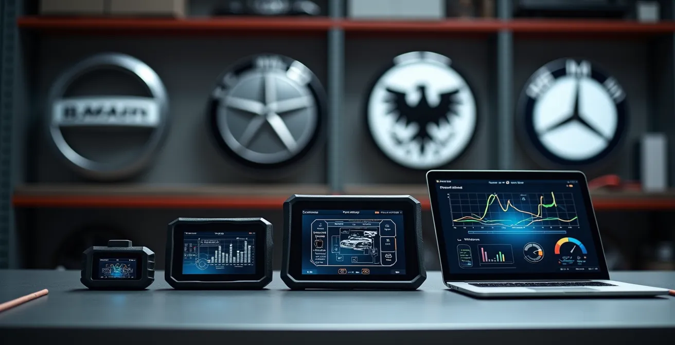 Verschiedene OBD2-Diagnosegeräte arrangiert auf Werkbank mit deutschem Fahrzeug im Hintergrund